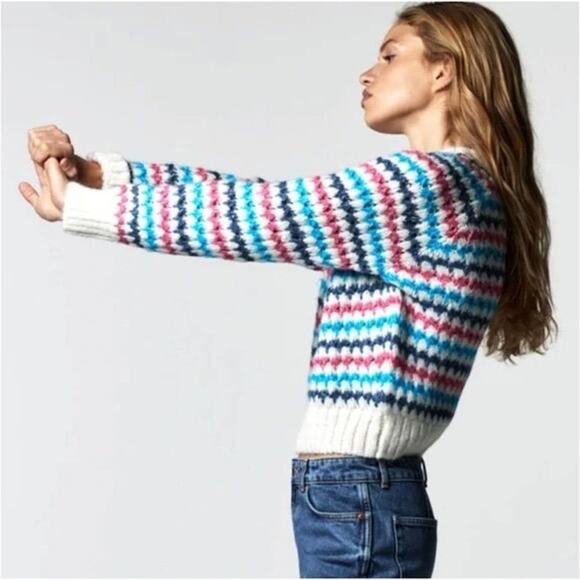 Zara NWT Chunky White Blue Pink Striped Knit Crewneck Pullover Sweater Medium - Picture 7 of 16